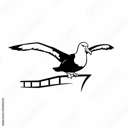 Albatross perched on ship bow with wings spread wide silhouette