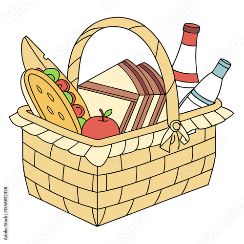 Woven picnic basket filled with sandwiches and drinks food