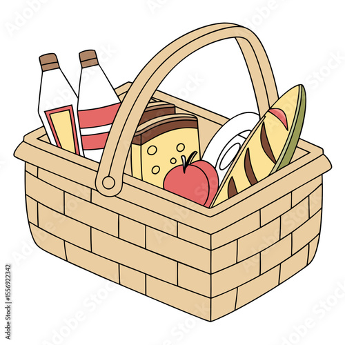 Wicker basket filled with food and drinks picnic basket bread