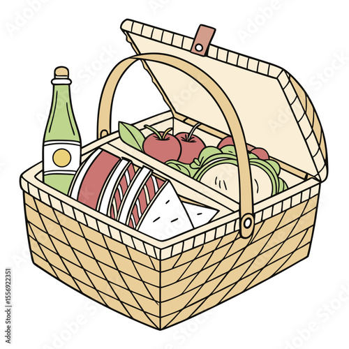 Woven picnic basket filled with food and drink apples