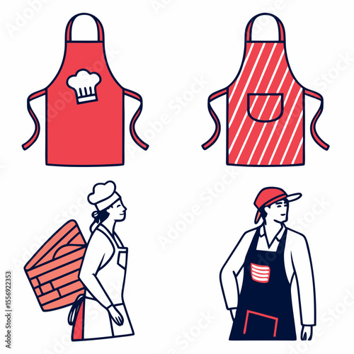 Red and blue aprons with chef and worker figures cooking uniform