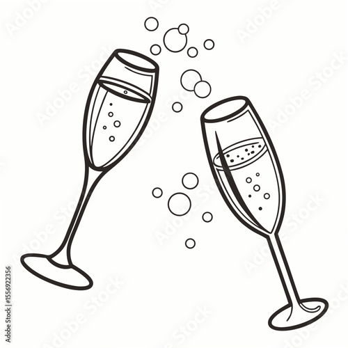 Two champagne flutes toasting with bubbles celebration