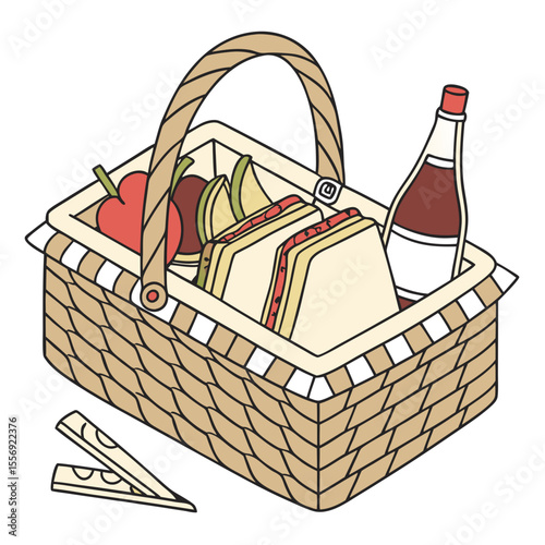 Wicker picnic basket with sandwiches fruit and bottle apple