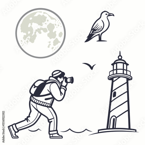 Photographer captures lighthouse and moon with seagull flying camera