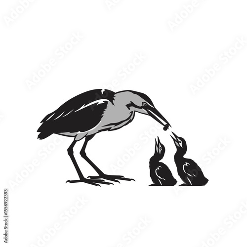 Bird feeding its two chicks with food in its beak silhouette