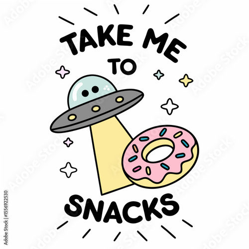 Flying saucer beaming up pink donut with sprinkles yellow beam