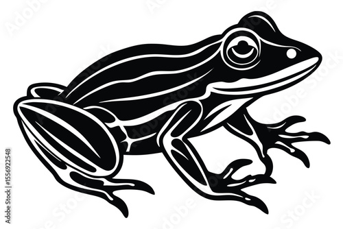 Cartoon green frog with yellow eyes sits calmly on the white background, creating a mascot