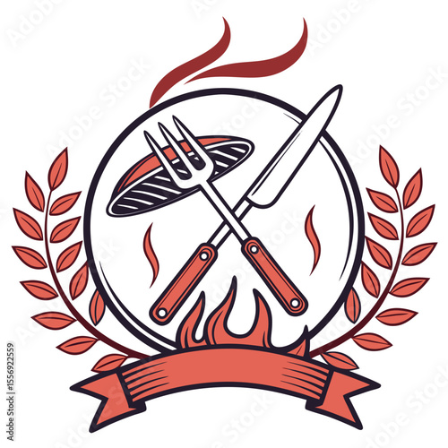 Barbecue emblem with fork knife leaves and flame grill food