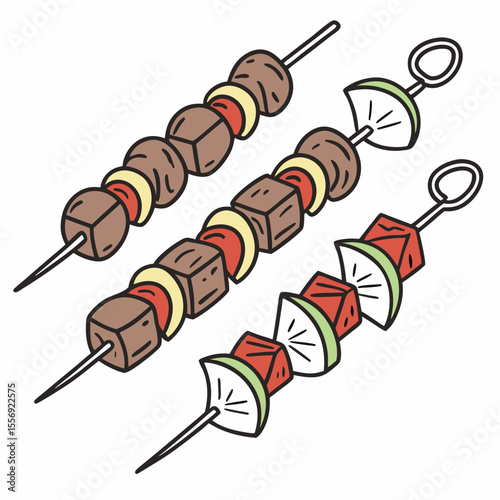 Three meat and vegetable skewers with fruit slices kabobs vegetables