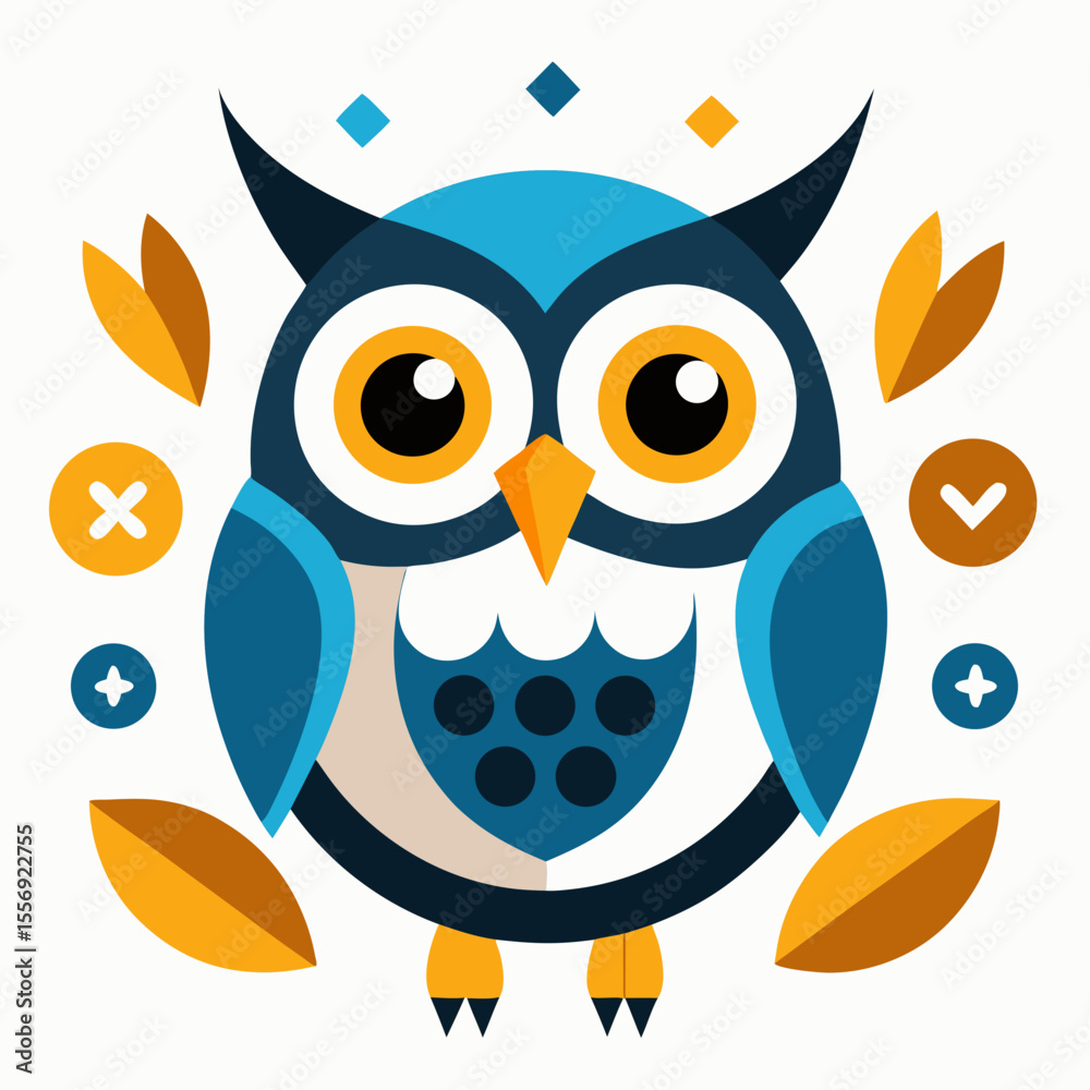 Fototapeta premium Stylized blue owl with orange accents and geometric shapes graphic