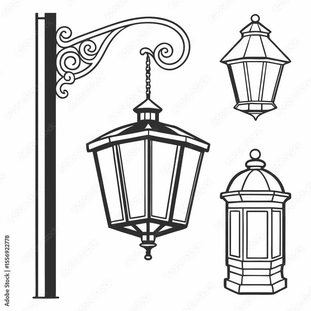 Ornate street lamps and hanging lanterns pole