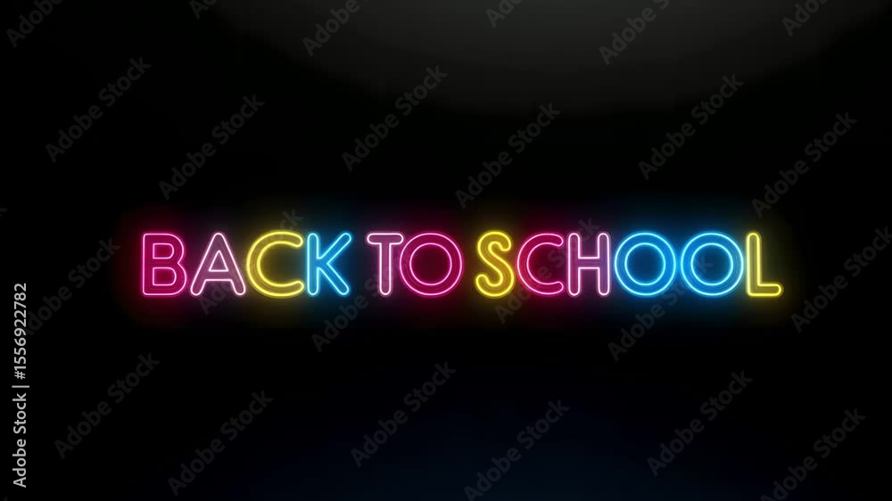 Back to school neon animation! Colorful letters form 'Back to School' with electric sparks. Great for education promos, student welcome, sales events and announcements.