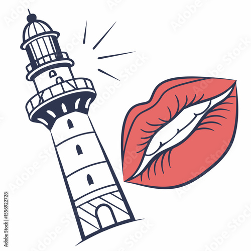 Lighthouse and coral lips with radiating lines kissing communication