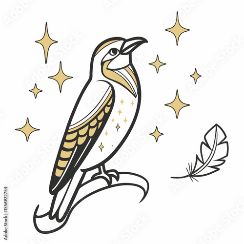 Stylized bird with golden stars and feather black