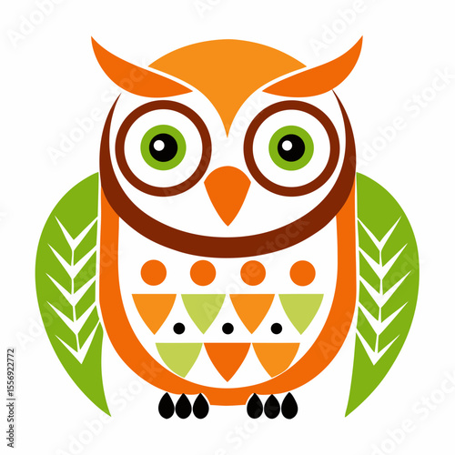 Stylized owl with green eyes and orange accents graphic bird