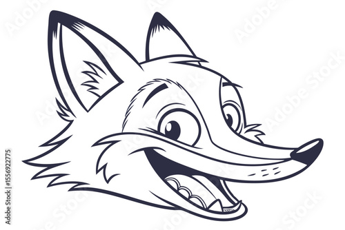 Line art depicts a cheerful fox head with mouth open wide showing teeth