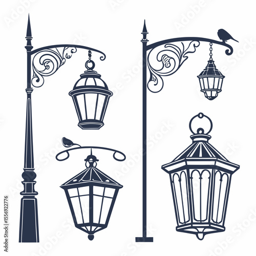 Ornate street lamps with decorative elements and a small bird lanterns vintage