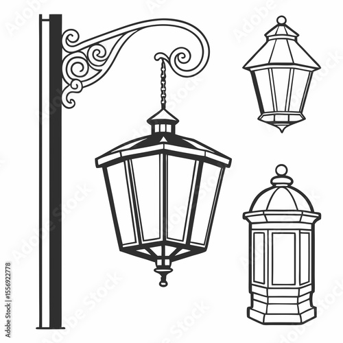 Ornate street lamps and hanging lanterns pole