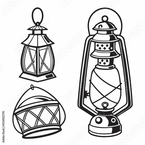 Vintage lanterns collection black ink line art oil lamp kerosene lamp
