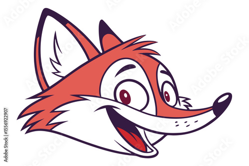 Playful cartoon fox head smiles cheerfully with vibrant red fur and cute expression