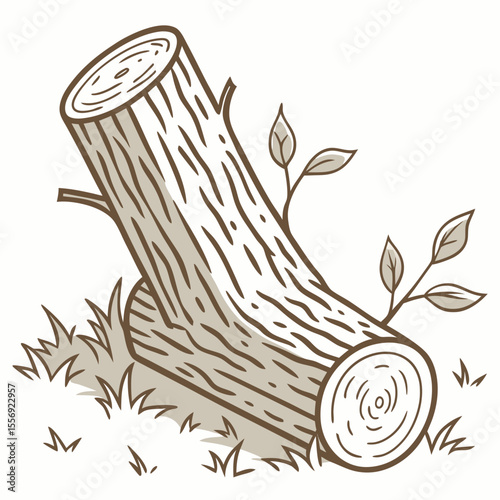 Fallen tree trunk with grass and sprouting leaves wood log tree stump