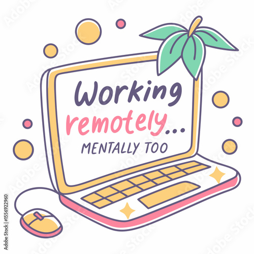 Cute laptop with leaves and mouse working remotely computer home office