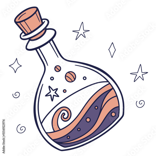 Enchanted potion bottle with swirling liquid and celestial accents magic fantasy