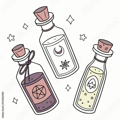 Three magical potion bottles with celestial symbols moon star