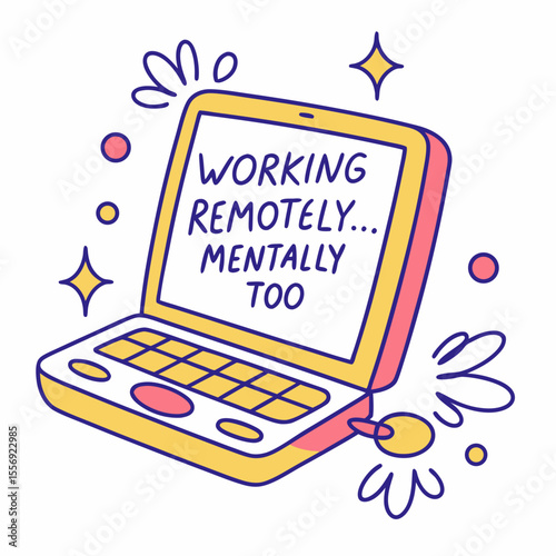 Cute yellow laptop with pink accents working remotely mentally too technology mental health