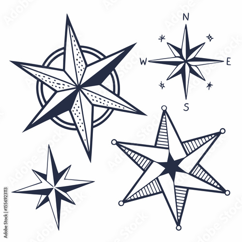 Nautical compass rose starbursts directional symbols navigation