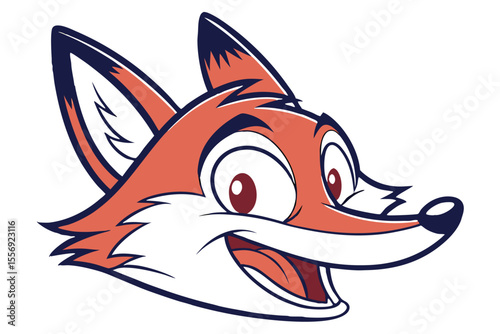 Joyful orange fox cartoon mascot laughs with open mouth and looks to the side