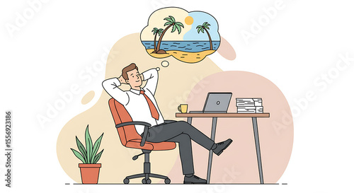 An office worker escapes stress by daydreaming of a beach vacation. A clean vector showing the need for work-life balance and holiday leave. Set for remote work burnout, Remote work stress, lifestyle