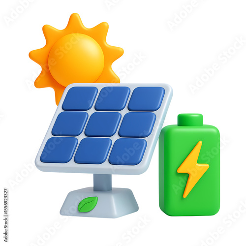 3D Solar Energy Icon with Sun, Solar Panel, and Charging Battery for Renewable Power Concept