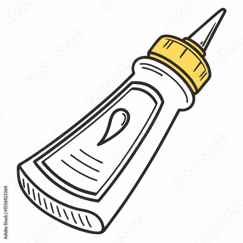 Yellow capped mustard bottle with label and drop condiment food