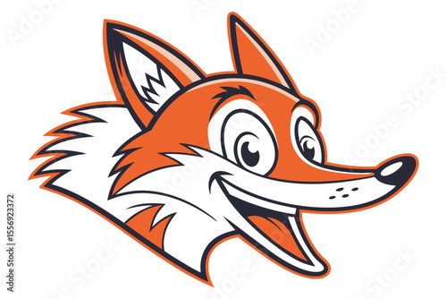 Cartoon fox head smiles with bright orange and white fur outlined in black