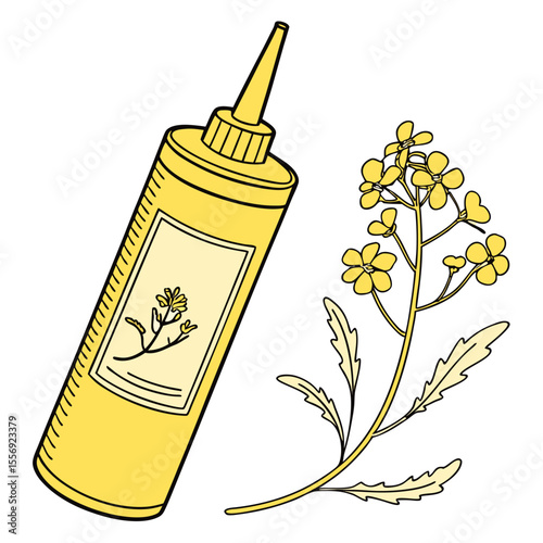 Yellow mustard bottle with flowering plant condiment food