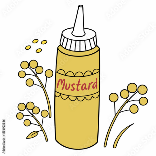 Yellow mustard bottle with mustard seeds and sprigs condiment food