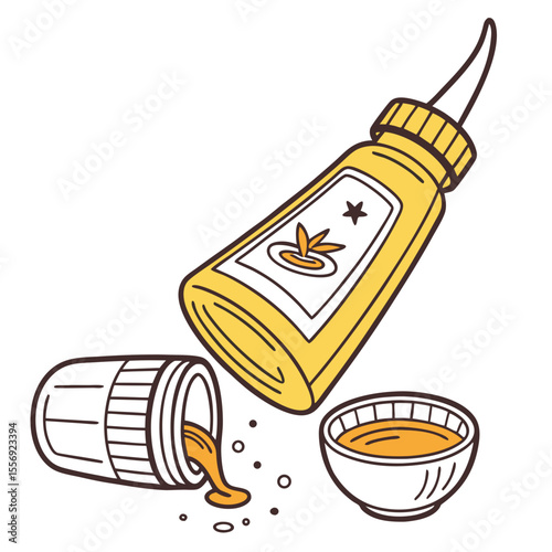 Yellow mustard bottle pouring into bowl and spilling vector