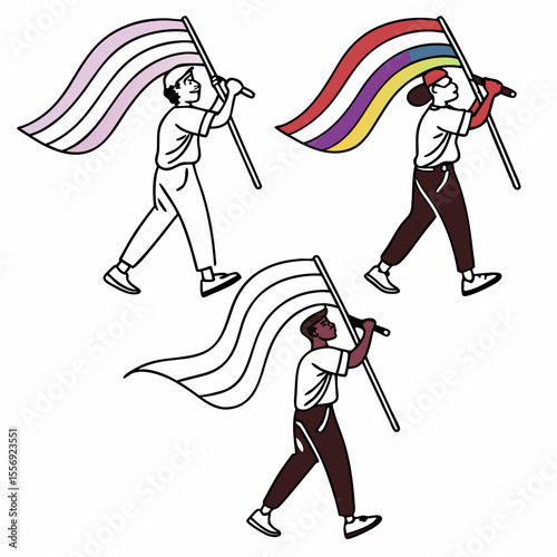 Diverse people holding pride flags diversity marching