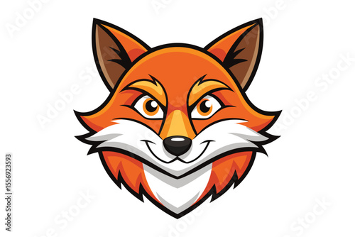 Cartoon fox head shows orange and white fur on a clean white background