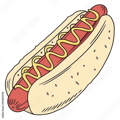 Red sausage in yellow mustard sauce on a light bun hotdog