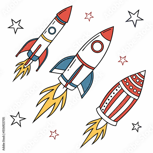 Red blue white rockets flying with yellow flames and stars spaceship space