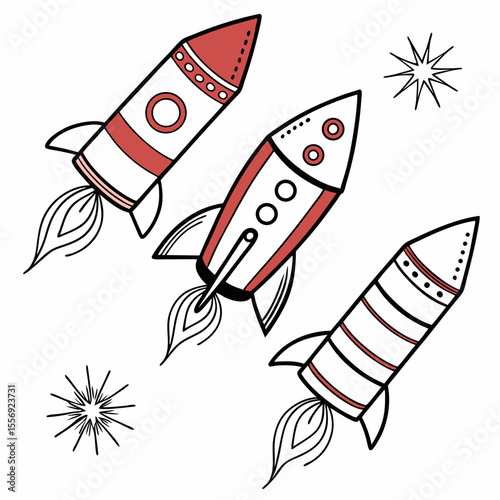 Three rockets flying with starbursts space travel