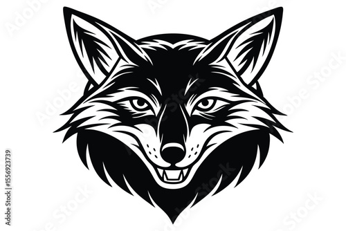 Stylized fox head is presented in black and white with a fierce expression