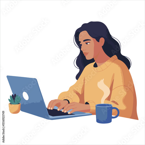 Young woman with dark hair wearing a yellow sweater works on a laptop with a coffee mug