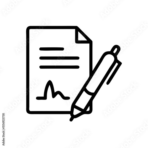 Signed Document Icon with Pen – Contract Line Art Illustration