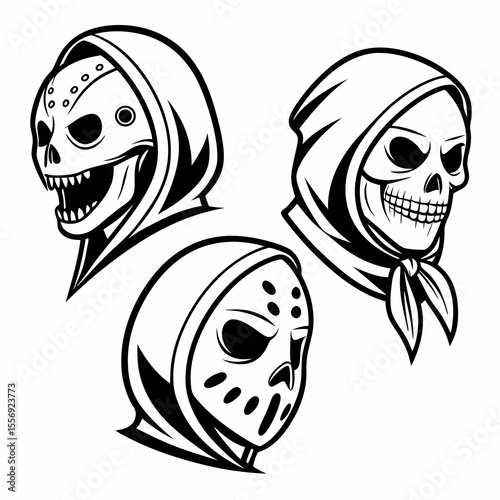 Three menacing skulls with hoods and masks horror gothic