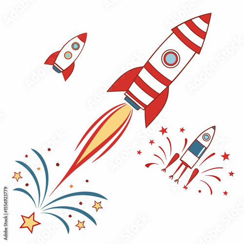 Red white blue rockets soaring with stars and fireworks space launch
