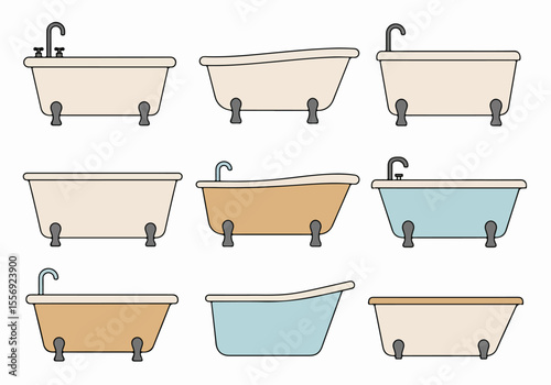 Collection of stylized bathtub illustrations in various shapes and colors, featuring taps and freestanding styles, perfect for bathroom design and home decor concepts.