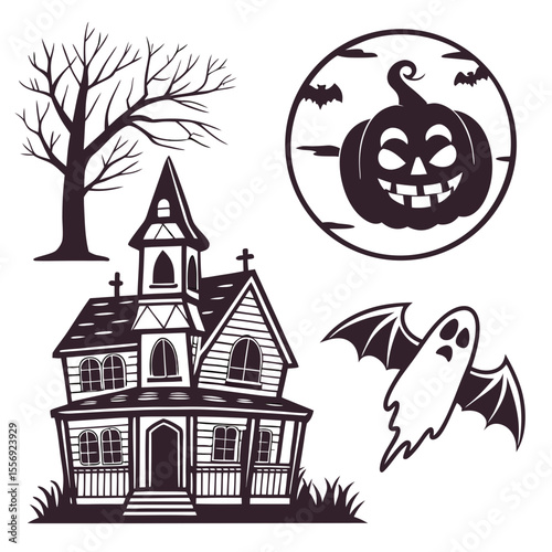 Spooky Halloween icons featuring haunted house ghost pumpkin and bare tree bats